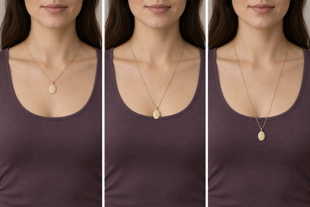 The same oval pendant sits above a scoop neckline, across its fabric edge, and lower over the top.