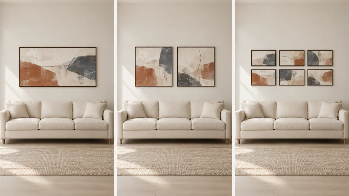 One large frame, two frames and a two-row gallery of six frames share the same overall width above the same sofa.