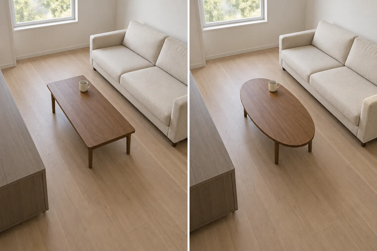 Rectangular and oval coffee tables have the same maximum dimensions; the oval exposes more floor at the corners while the middle passage stays the same.