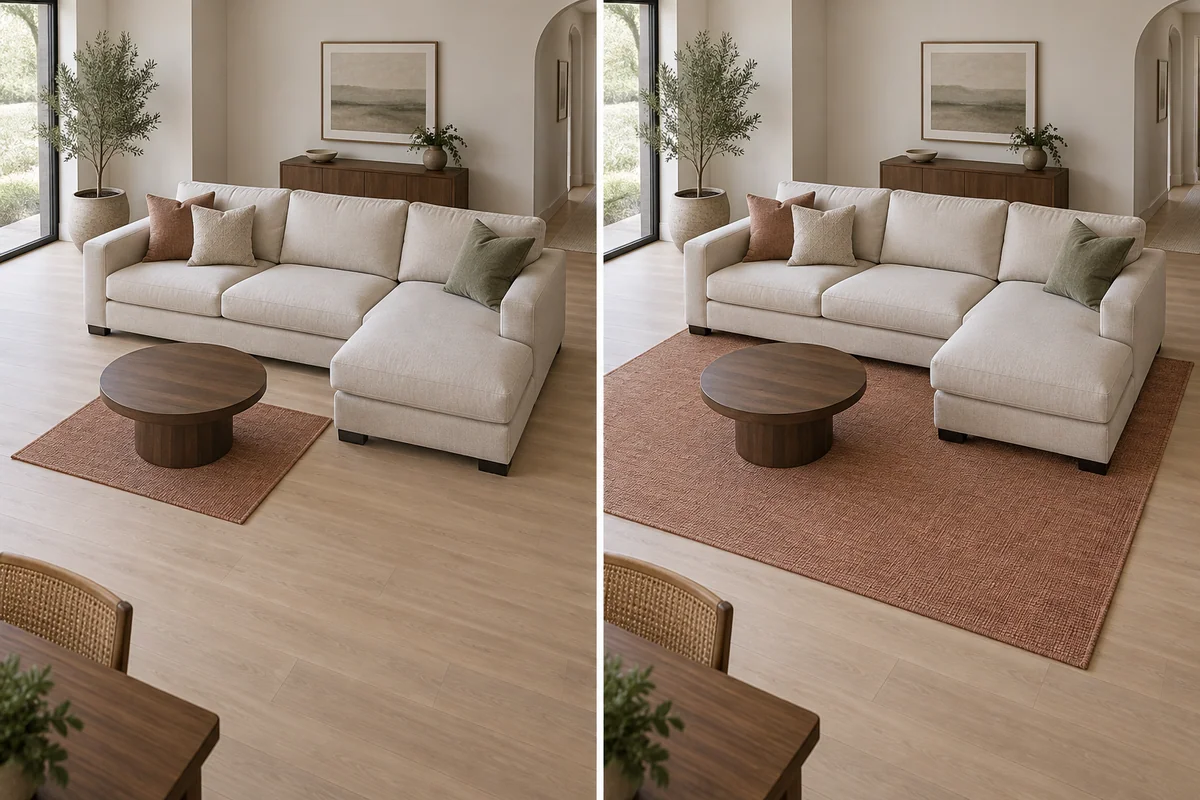 A small rug isolates the coffee table on the left; a larger rug reaches the main sofa and chaise feet on the right.