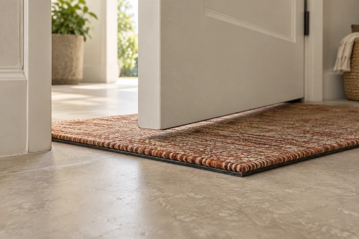 A close floor-level view shows a bound rug edge and inset thin pad beneath an open door, with the full assembly visible for a clearance check.