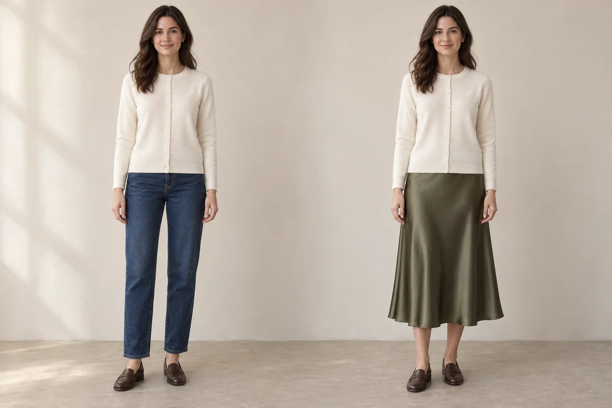 Side-by-side outfits keep an ivory cardigan and chocolate loafers the same, changing dark-indigo straight jeans to an olive satin midi skirt.