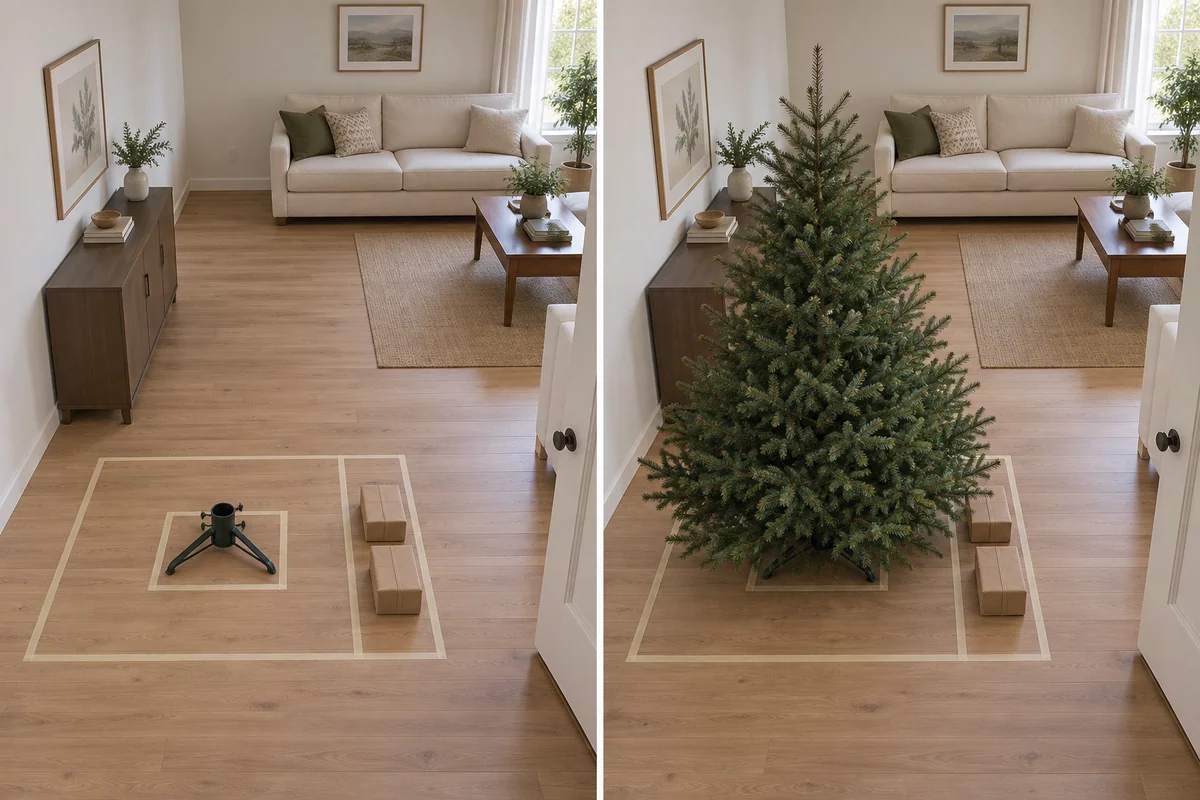 Two views of a taped tree position show a small stand inside the larger area needed for spread branches and a separate gift strip.
