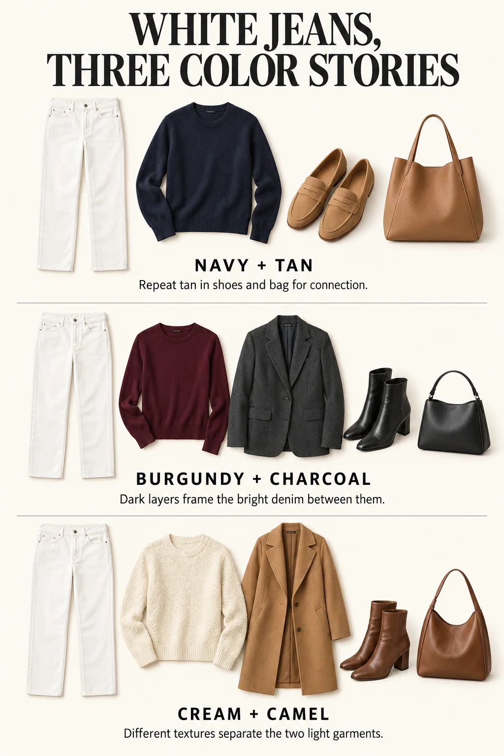 Identical white jeans anchor navy and tan, burgundy and charcoal, and cream and camel outfits, with captions explaining color repetition and texture.